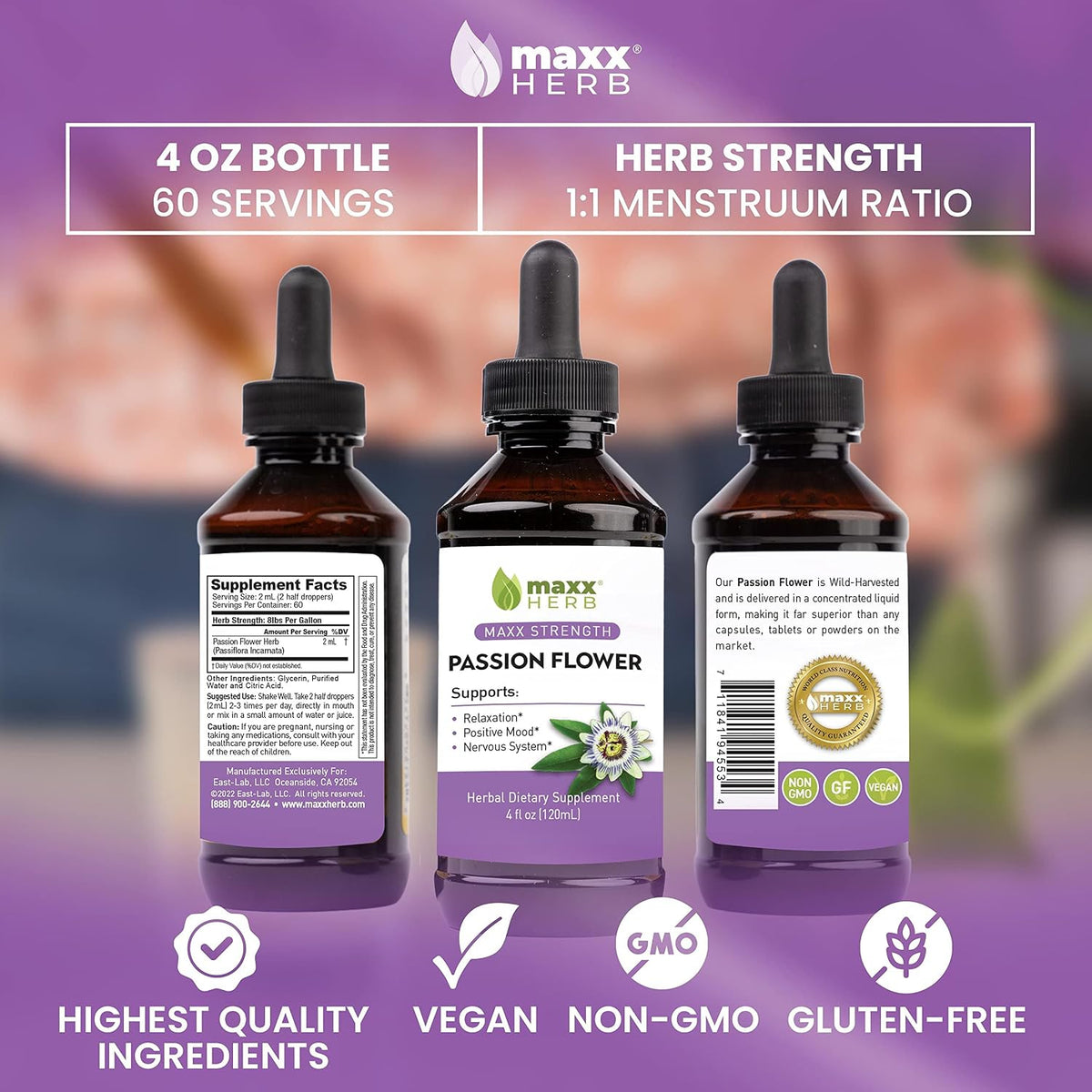 Maxx Herb Passion Flower Extract - Max Strength Passion-Flower Liquid Absorbs Better Than Capsules, for Relaxation and Stress Relief, Alcohol-Free - 4 Oz Bottle (60 Servings)