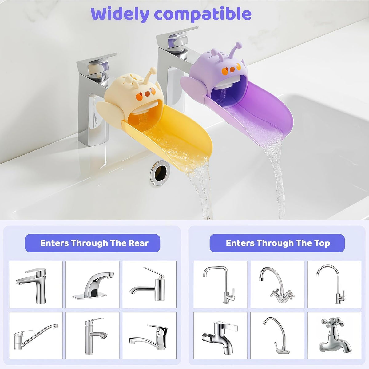 2 Pack Faucet Extender for Toddlers, Silicone Faucet Extender, Easy Install Faucet Sink Spout Extender for Kids, Hand Washing Fits Standard and Gooseneck (Purple & Yellow)