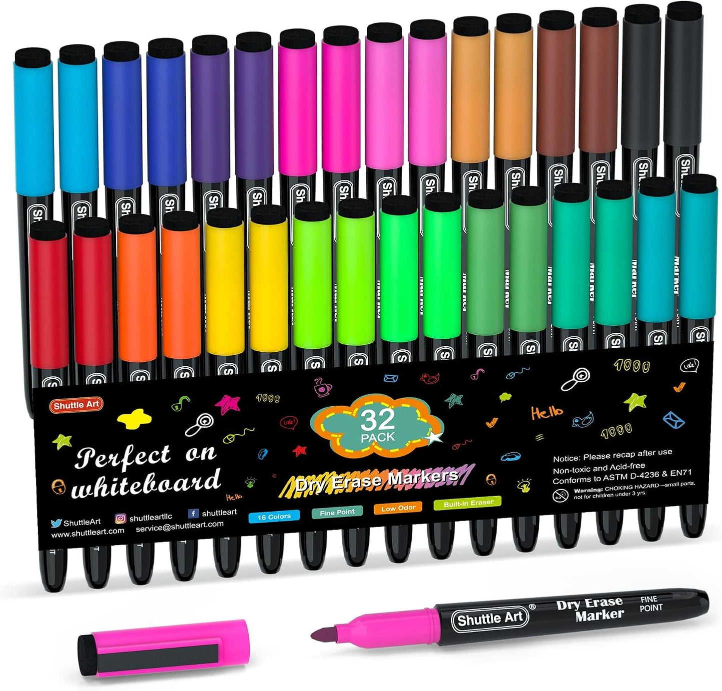 Shuttle Art Magnetic Whiteboard Markers, 20 Pieces Fine Tip and Eraser, Dry Erase Whiteboard Markers, for Writing on Whiteboards, Weekly Planner, Glass for School Office Home