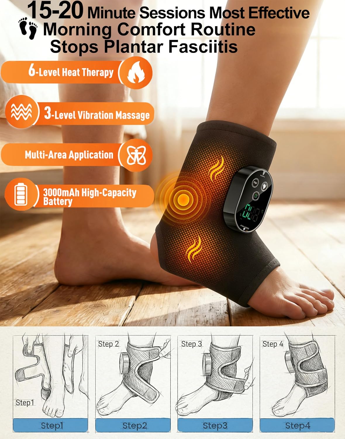 Foot Massager for Neuropathy Plantar Fasciitis Pain Relief, Cordless Heated Vibrating Cloud-Soft Ankle Wrap Feet Massage, Portable 2H Run Time, 6 Heats, 3 Modes, Auto-Off Timer, 1pcs