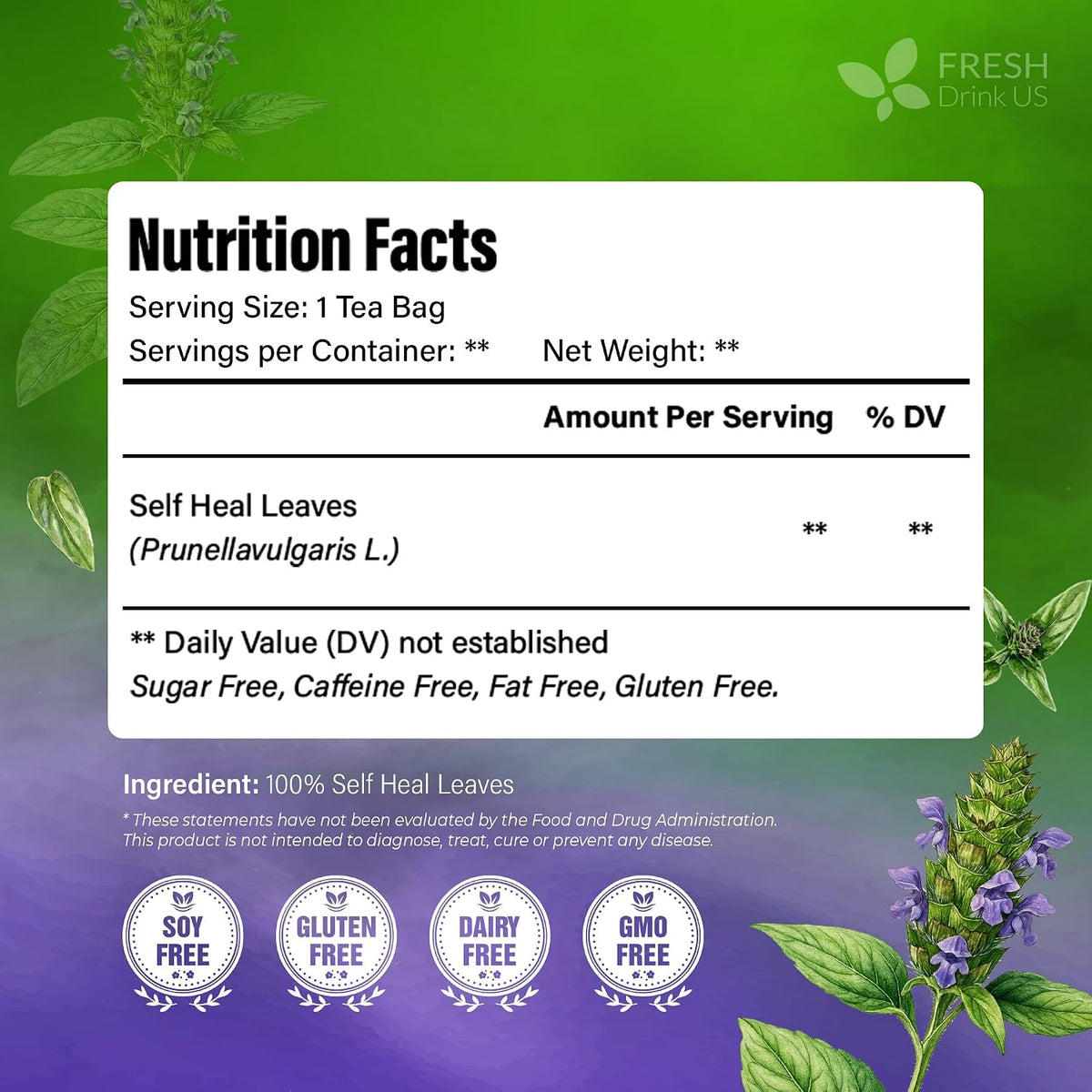 FreshDrinkUS, Premium Self Heal Leaf Tea Bag, 75 Count, Caffeine Free