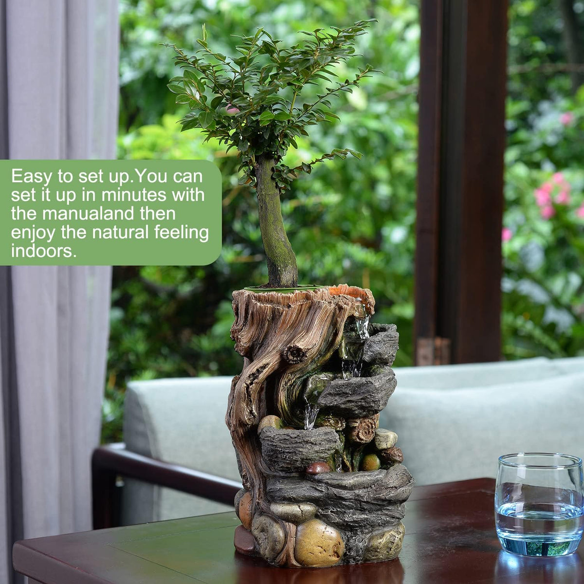 GOSSI 3-Tier Stone Wall Tabletop Water Fountain with Natural River Rocks, LED Lights, Zen Meditation Waterfall for Office and Home Decor, Relaxing Desktop Fountain, Christmas Decoration