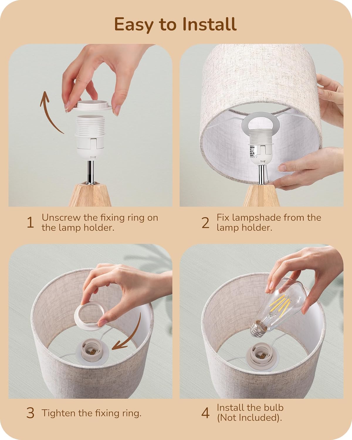 EDISHINE Tripod Table Lamp, Small Cute Bedside Lamp with Linen Beige Lampshade, Nightstand Lamp for Nursery, Bedroom, Kid Room, Living Room, Light Brown Wooden Base, E26 Socket, 14.2 Inch