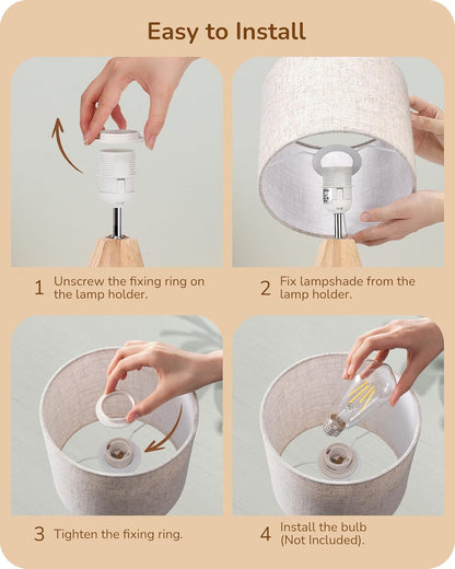 EDISHINE Tripod Table Lamp, Small Cute Bedside Lamp with Linen Beige Lampshade, Nightstand Lamp for Nursery, Bedroom, Kid Room, Living Room, Light Brown Wooden Base, E26 Socket, 14.2 Inch