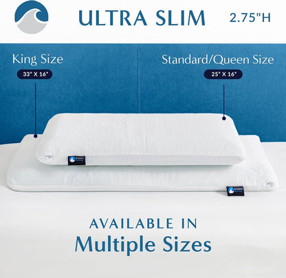 Bluewave Bedding Ultra Slim Max Cool CarbonBlue Gel Memory Foam Pillow for Stomach and Back Sleepers - Thin, Flat Design with Advanced Cooling (2.75-Inch Height, Standard Size)