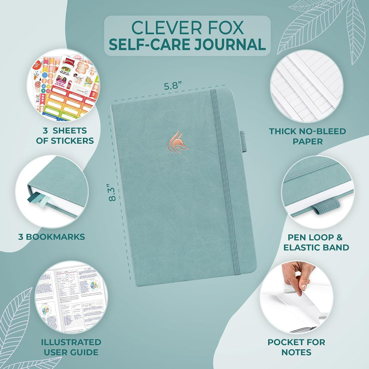 Clever Fox Self-Care Journal for Women, Daily Planner 5.8x8.3 Aquamarine