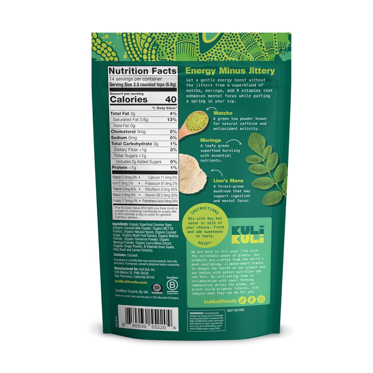 Kuli Kuli Organic Moringa Powder Matcha Green Tea Latte - Lion's Mane