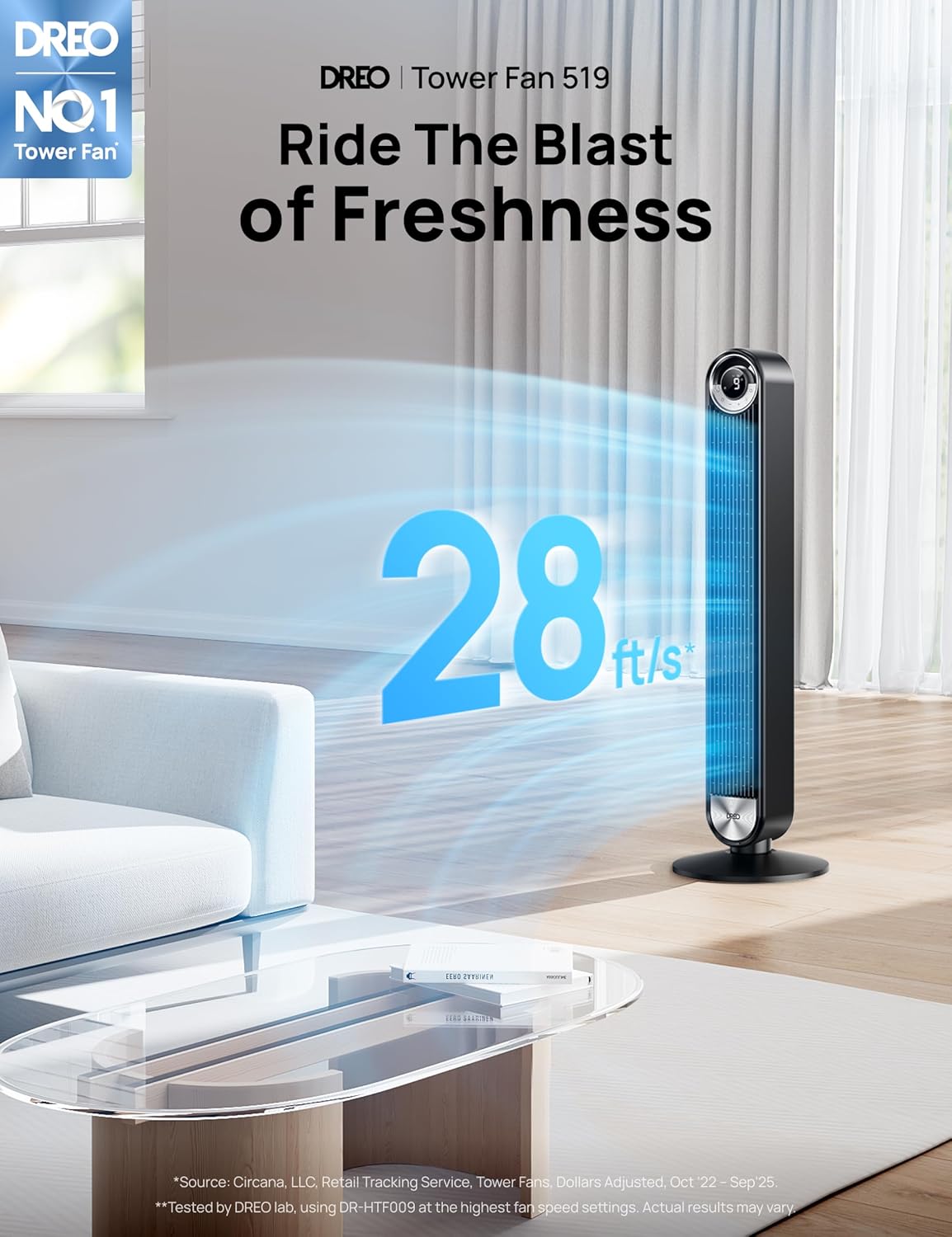 DREO Tower Fan for Bedroom, Upgraded DC 9 Speeds 20dB Ultra-Quiet Floor Fan, 90° Oscillating Fans with 28ft/s Velocity, 12H Timer, Standing Fan, Bladeless Fan Powerful for Home, Black