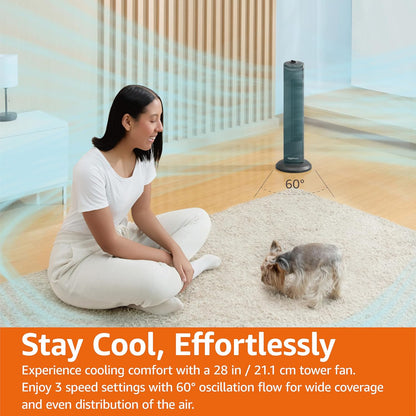 Amazon Basics 28" 60-Degree Oscillating Tower Fan with Powerful Airflow for Bedroom, Living Room, Office, 3 Speeds, Mechanical Control, Air Circulator, 35W, 27.8"H x 9.4"D x 9.4"W, Black