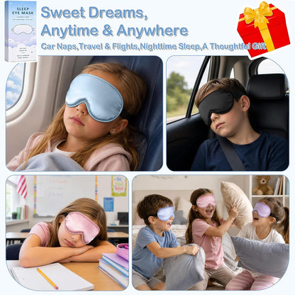 Kids Sleep Mask, Soft Eye Mask for Boys Girls with Adjustable Strap, Silk Light Blocking Sleeping Mask for Naps, Travel and Night Sleep, Includes Laundry Bag (Black)