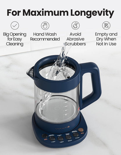 Viante Alba Electric Tea Kettle with Infuser, No Plastic In Contact With Water, 1.5L Borosilicate Glass, 304 Stainless Steel, 4 Temperature Presets, Keep Warm, Cordless, Auto Shut-Off