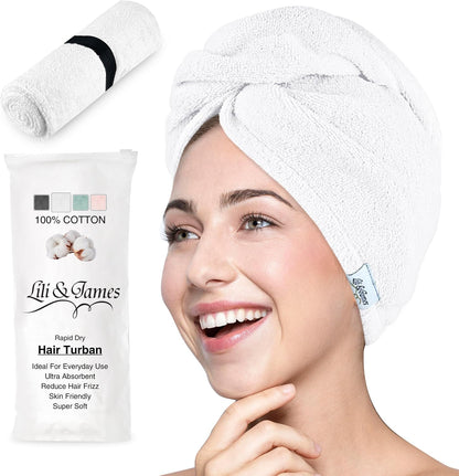 Lili&James 100% Cotton Hair Towel Wrap for Women & Kids – 420 GSM Quick Dry Hair Turban with Double Button Loop, Anti Frizz Non Microfiber Hair Drying Towel for Curly, Long & Thick Hair (Lilac)