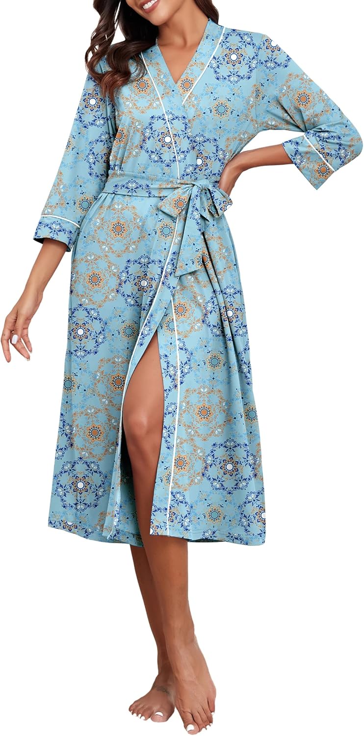 PrinStory Robes for Women 3/4 Sleeve Long Bath Robe XS-4XL
