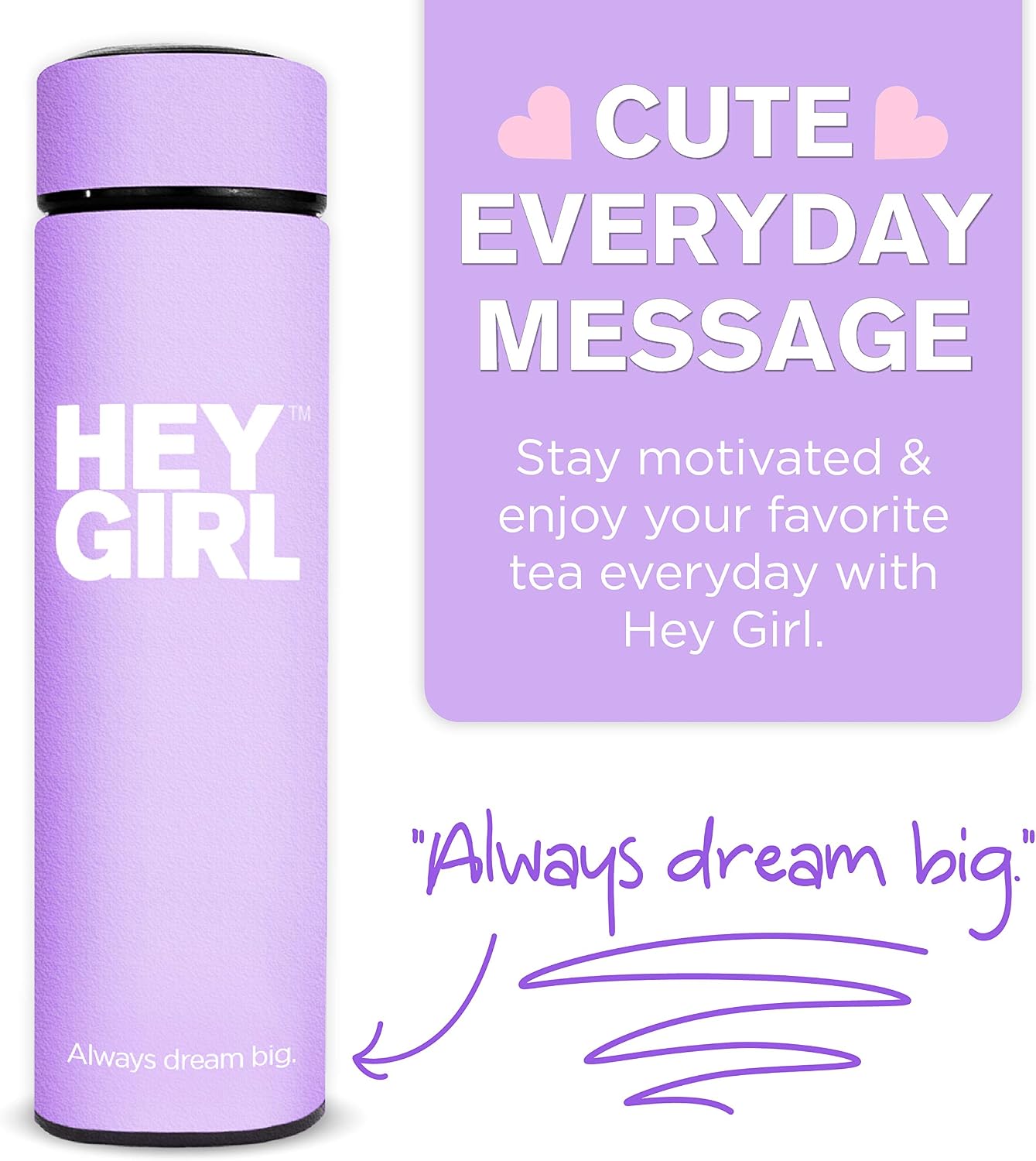 Hey Girl Tea Infuser Bottle 450ml - Insulated Stainless Steel Water Bottle - Tea Tumbler with Tea Diffuser - Portable Travel Mug for Loose Leaf Tea & Infused Water - Tea Lovers Gifts for Women (Pink)