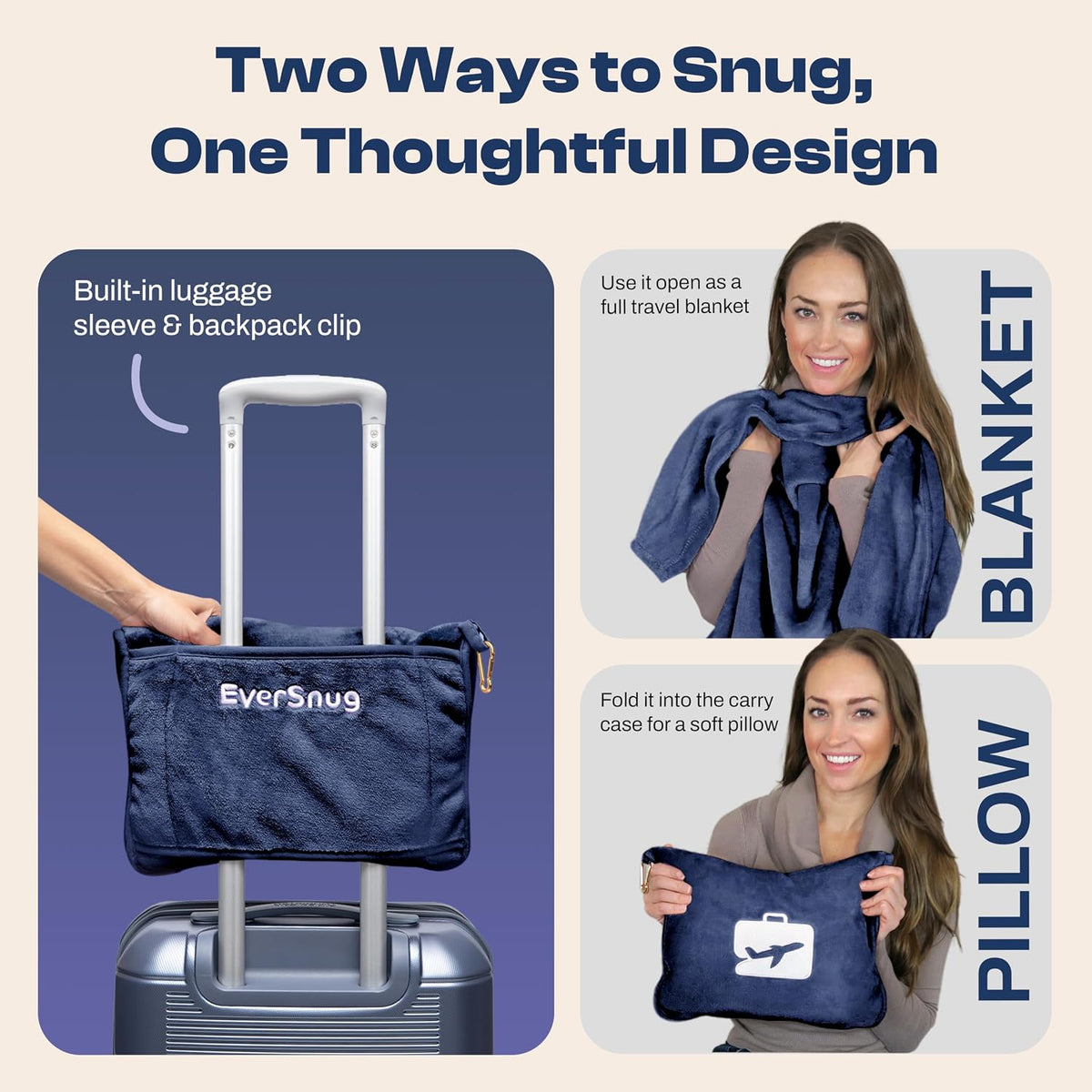 EverSnug Travel Blanket and Pillow - Premium Soft 2 in 1 Airplane Blanket with Soft Bag Pillowcase, Hand Luggage Sleeve and Backpack Clip (Grey)
