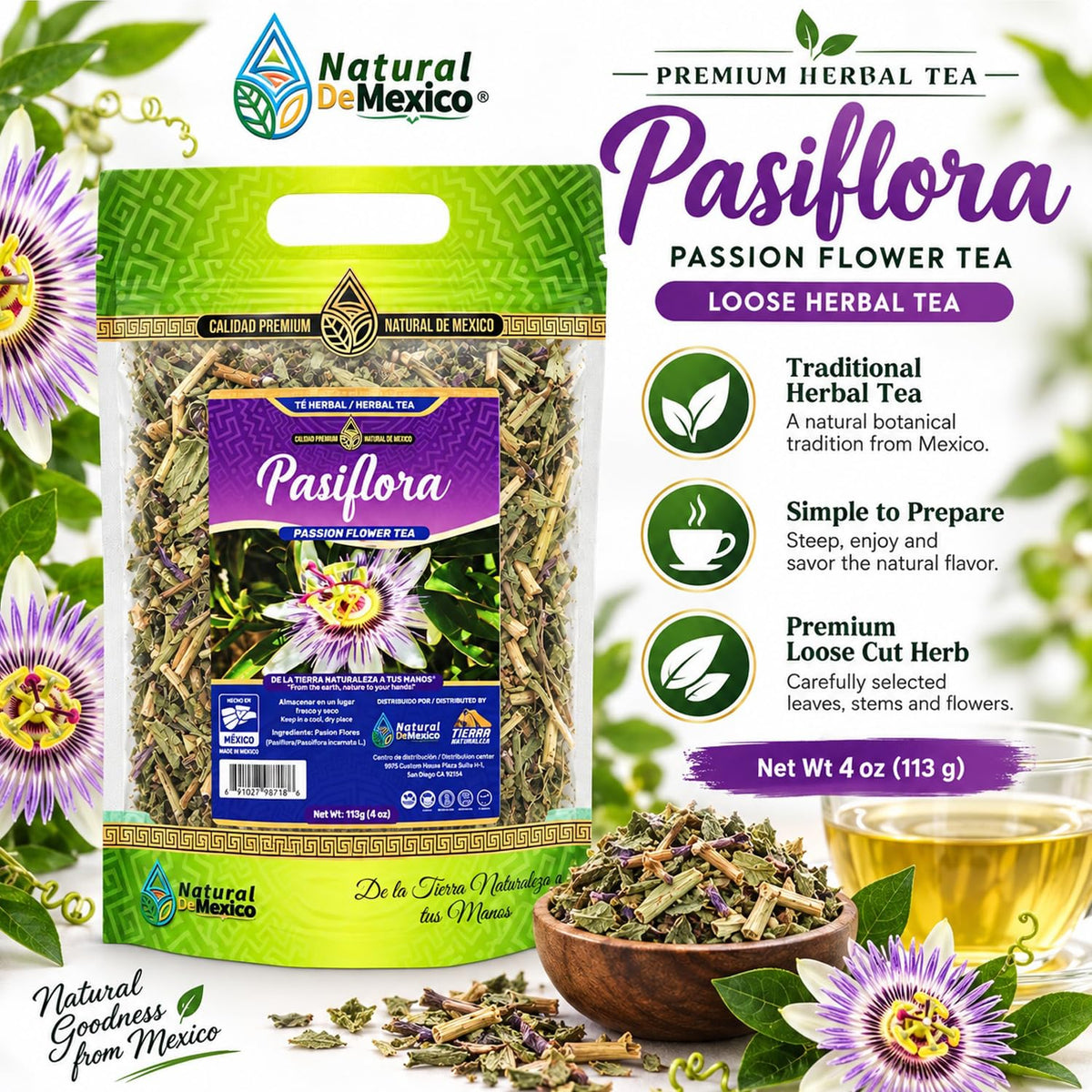 Natural de Mexico Pasiflora - Passion Flower Herbal Tea, Loose Dried Herb for Traditional Infusion, Resealable Pouch 4 oz (113 g)
