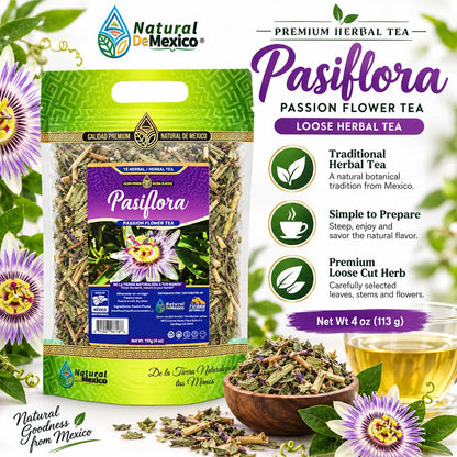 Natural de Mexico Pasiflora - Passion Flower Herbal Tea, Loose Dried Herb for Traditional Infusion, Resealable Pouch 4 oz (113 g)