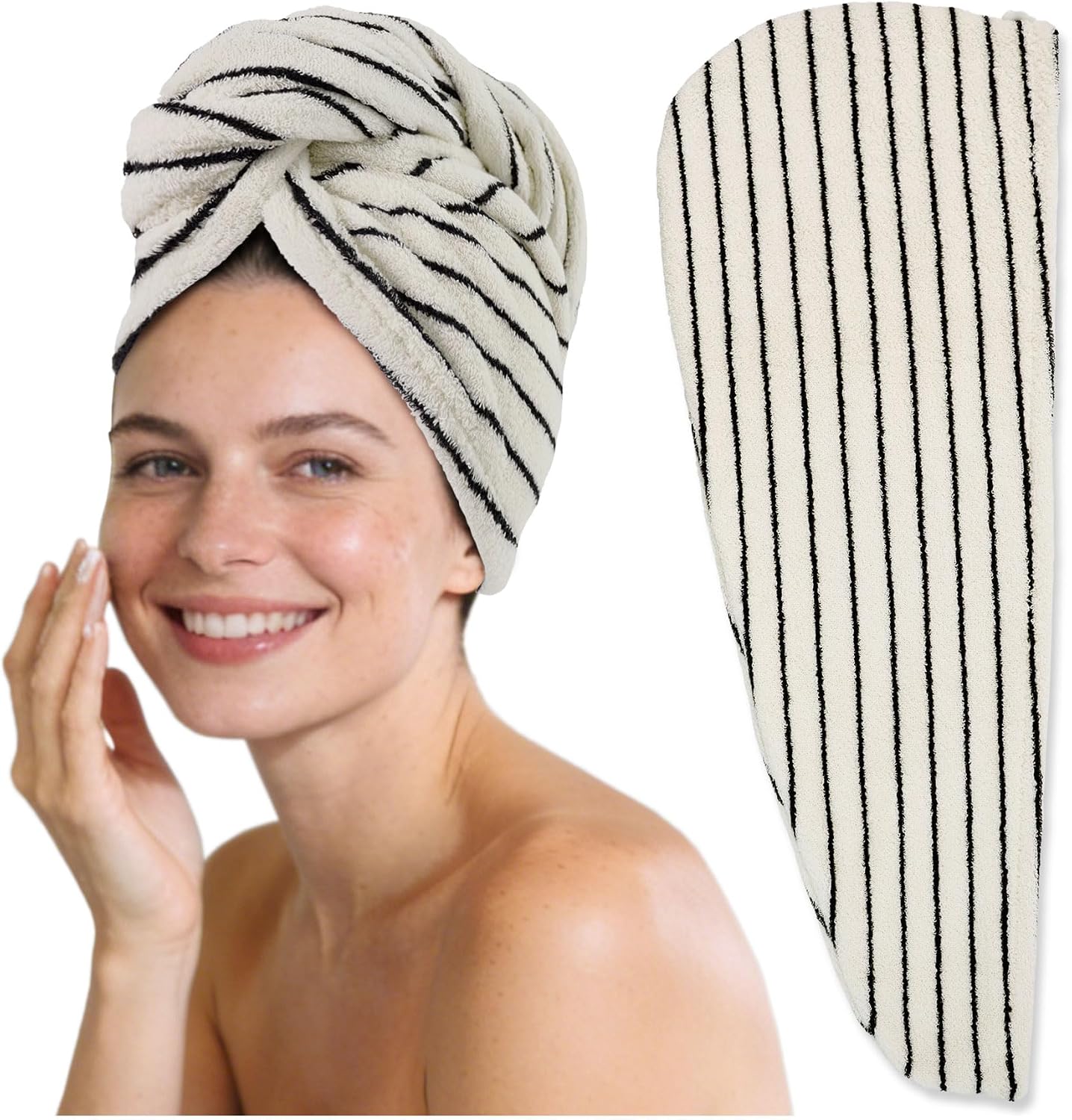 Jacquotha Cotton Hair Towel Wrap for Women (Black & White Striped) – Anti-Frizz Absorbent Quick Drying Hair Turban for Wet Hair, 25” x 9.5”, 1 Pack