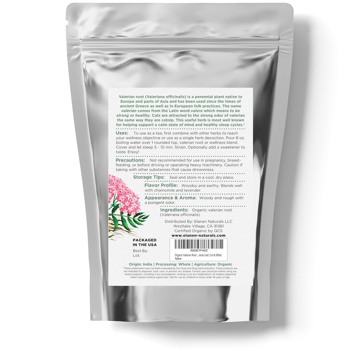 Elanen Naturals Organic Valerian Root 4 oz. (113g), USDA Certified Organic Valerian Root Herb Tea, Te De Valeriana Para Dormir, Valarian Officinalis Whole Loose Leaf, Cut & Sifted