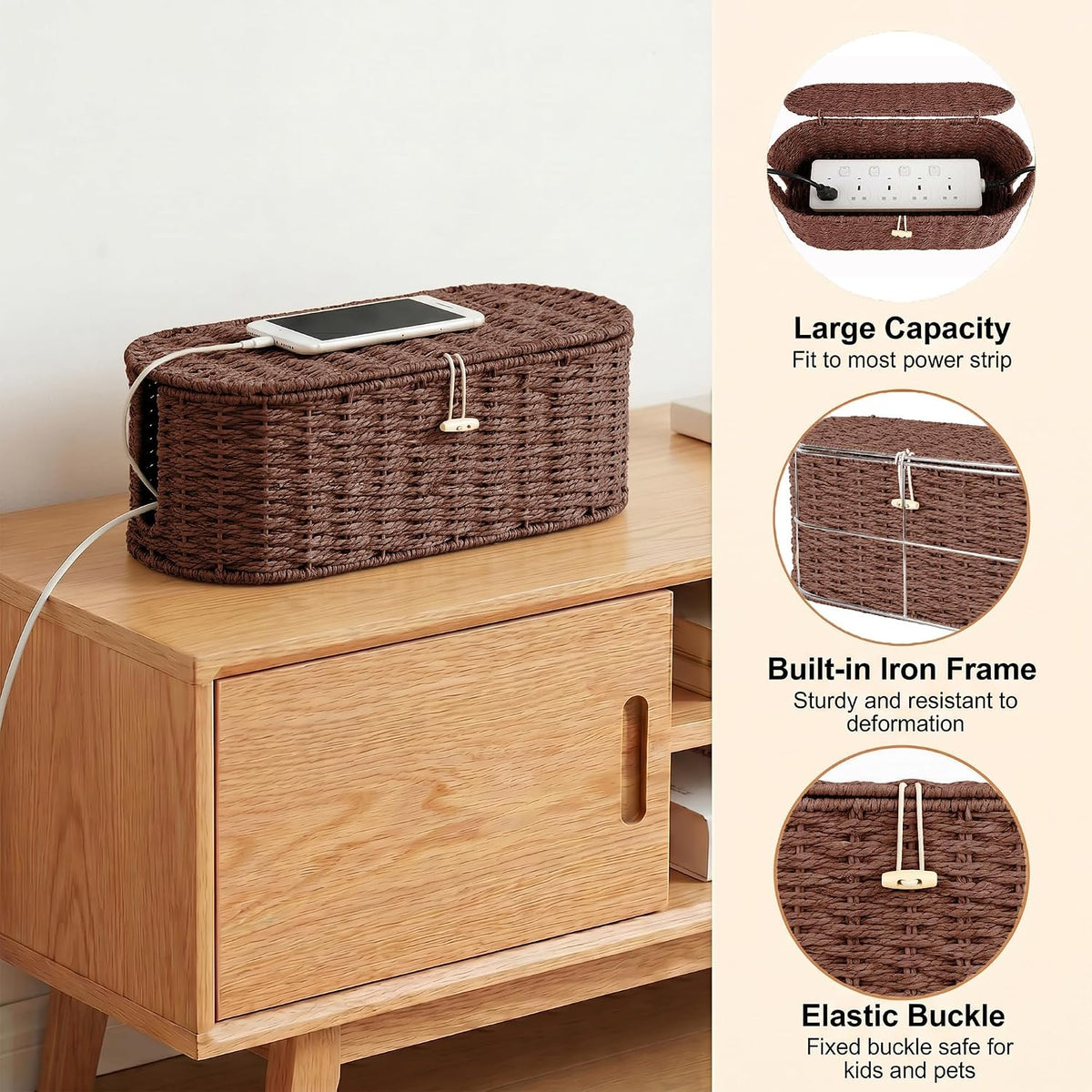Set of 2 Cable Management Box, Handwoven Cord Hider Box with 3 Open Slots