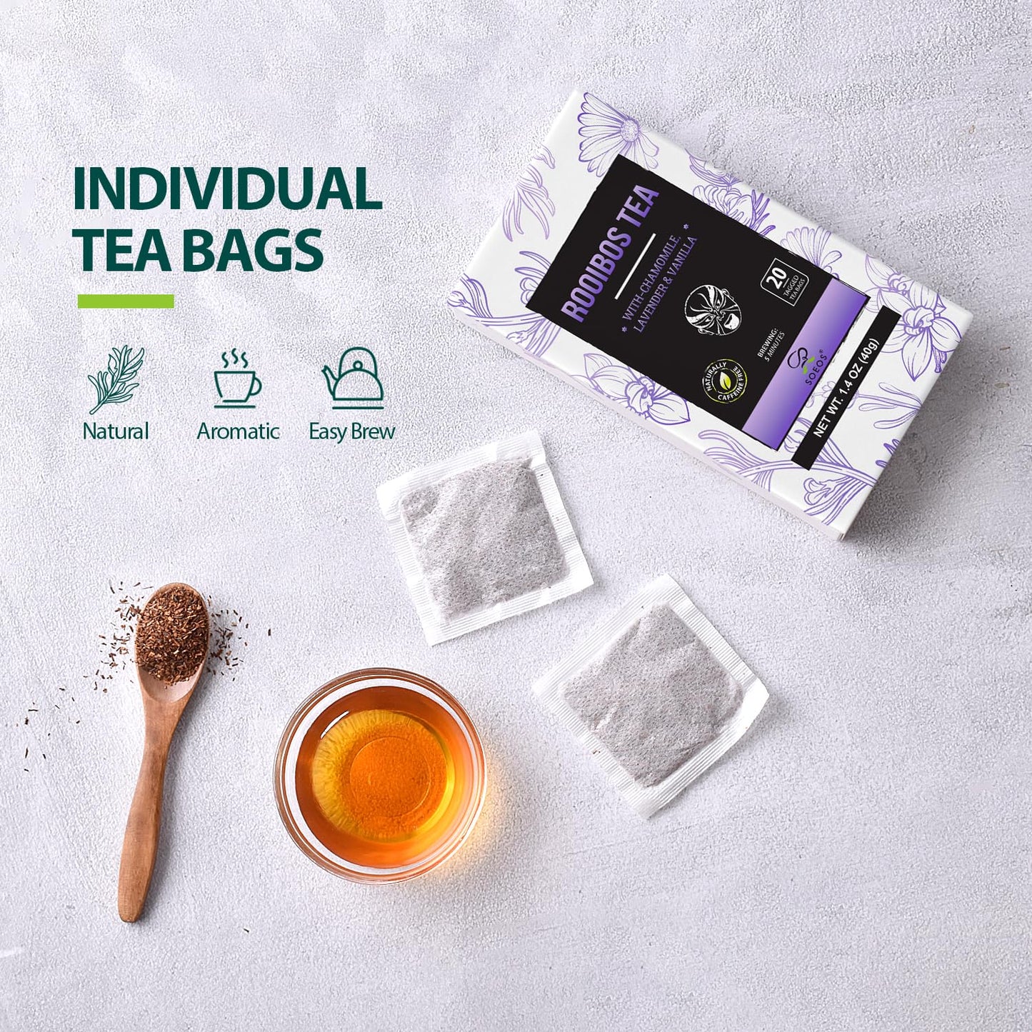 Soeos Organic Rooibos Tea, 100 Count (Pack of 1), Naturally Sweet Herbal Tea, Caffeine Free, USDA Organic, Red Rooibos Tea Bags, Farmed in South Africa 9oz (250g)