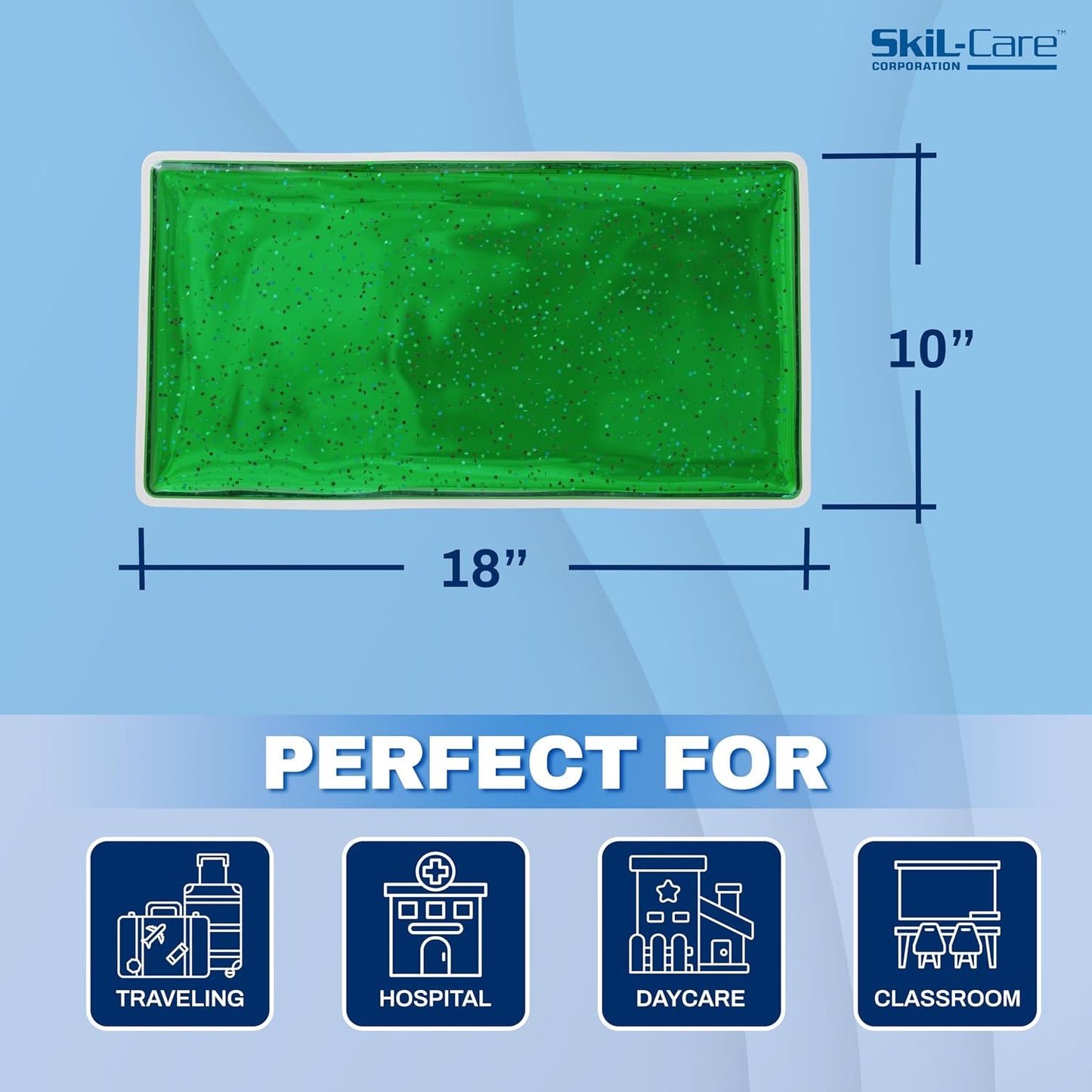 Skil-Care Gel Weighted Lap Pad, Tactile Visual Sensory, Wipe-Clean, 5 lb | Heat-sealed gel fill, wipe-clean vinyl cover, 10 x 18 in, light green, seated use at home, in the classroom, and road trips