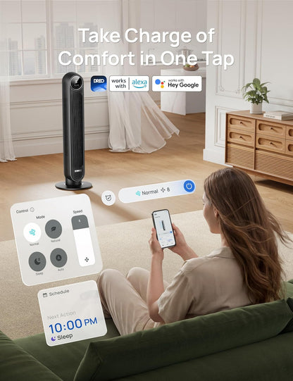 DREO Smart Tower Fan for Bedroom, 28ft/s Velocity, 8 Speeds Ultra Quiet Fan