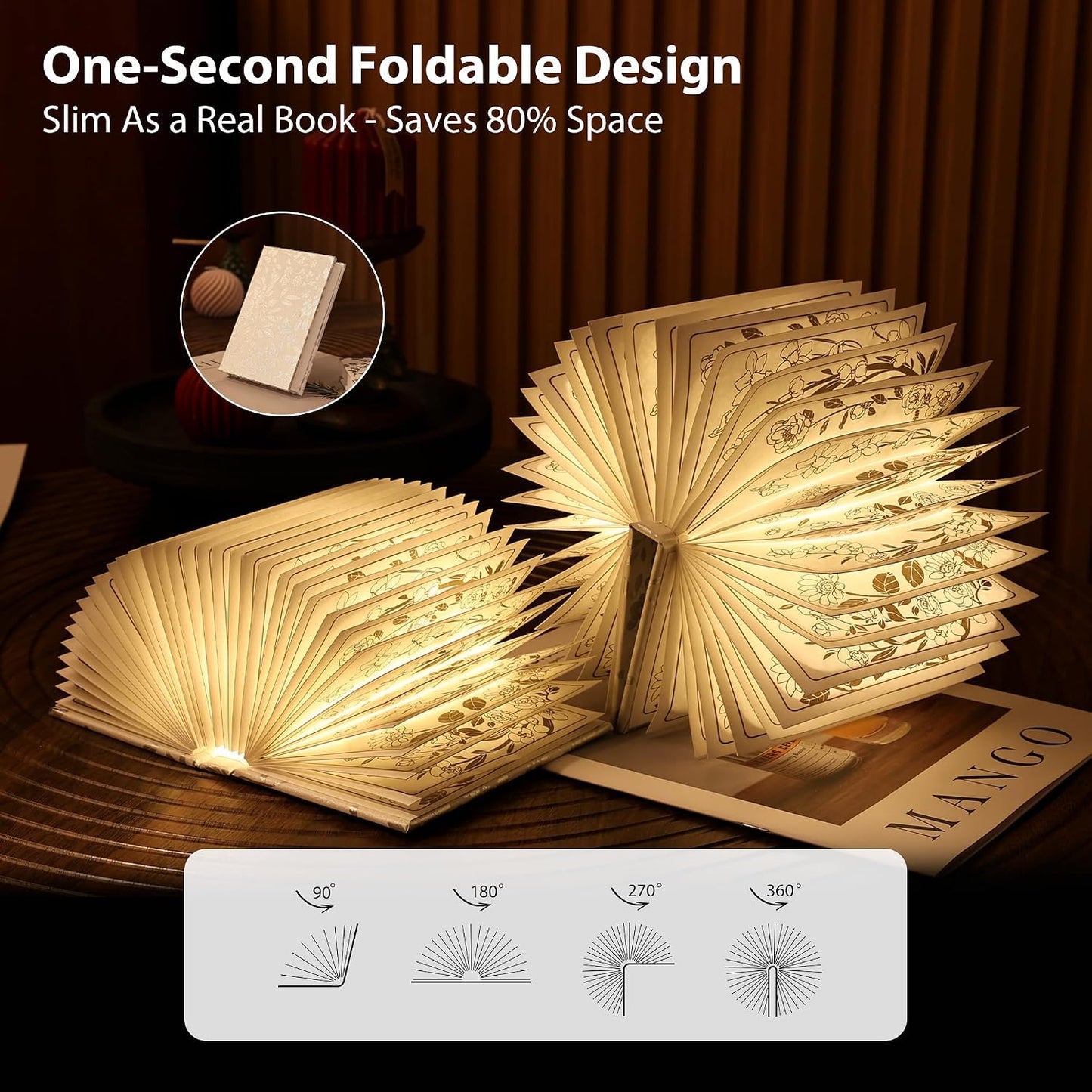 Book Lover Gift, Folding Book Lamp Decor, Portable Print Book Light | 1200mAh Rechargeable Night Light, Paper Desk Lamp, Reading Bookshelf Lamp, Gift for Women & Readers & Christmas (Black）