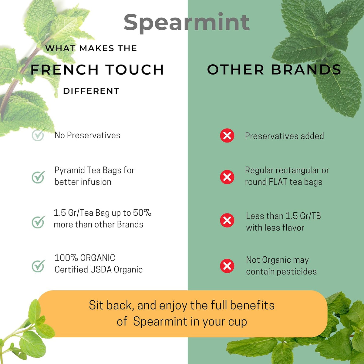The French Touch Spearmint Tea ORGANIC | 1.5g x 30 Pyramid Bags | 100% Certified USDA Organic | Plant based tea bags | Select Premium Tea (Spearmint) | Caffeine-free