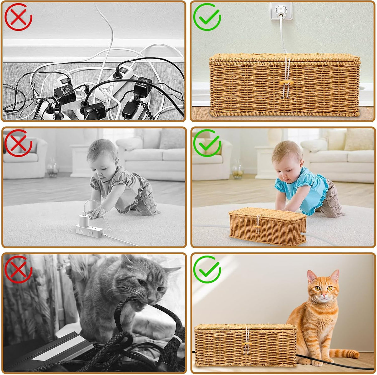 2PCS Cable Management Box, Handmade Rattan Cable Organizer Cord Basket