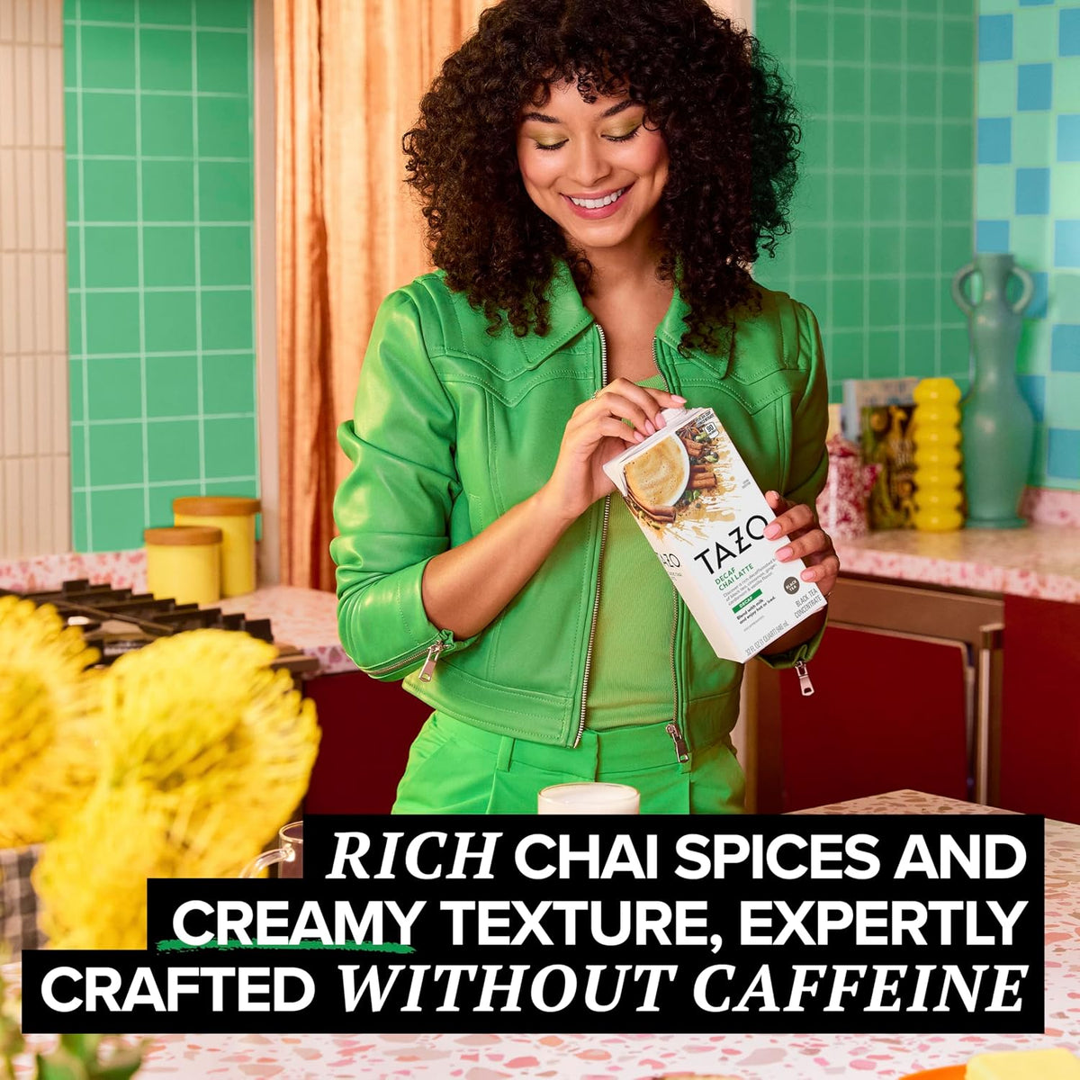 TAZO Decaf Chai Latte, Black Tea Concentrate, Easy-to-Serve Chai Tea for Everyday Lattes, Hot or Iced Tea and Mocktails, 32 oz Tea Mix Carton