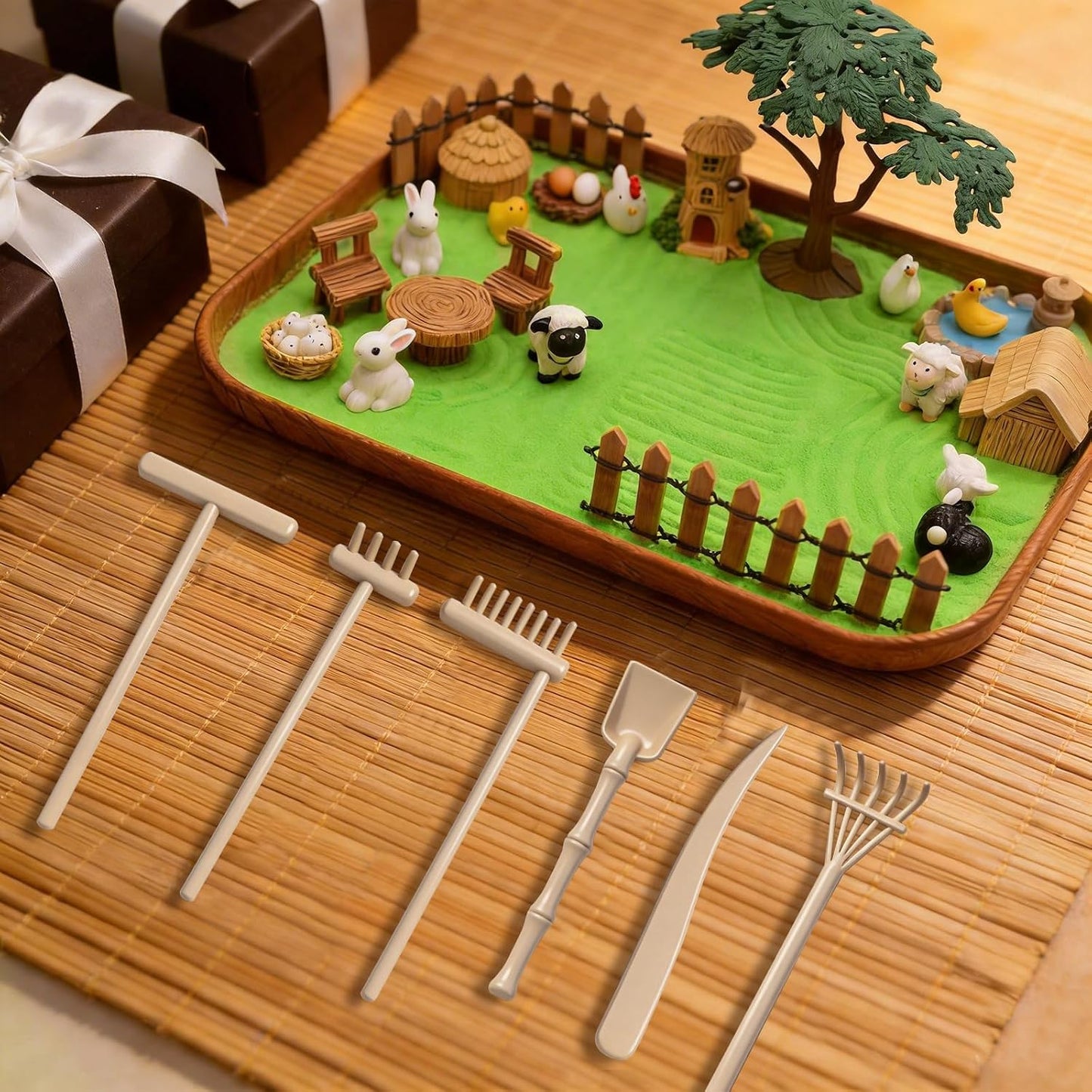 32 Pcs Zen Garden Kit for Desk, Mini Zen Sand Garden with Wooden Tray & Rake, Realistic Farm Animal & Figurines, Farmhouse Stress Relief Fidget Toy for Adults Home & Office, Mindfulness Gift