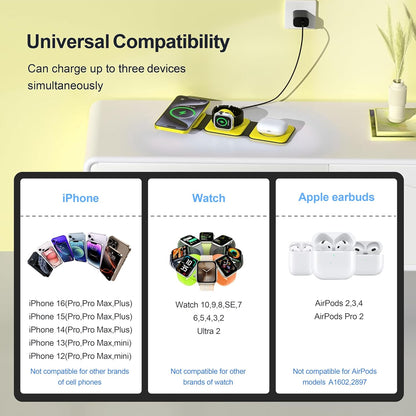 3 in 1 Charging Station for Multple Devices,Foldable 3 in 1 Wireless Charger for Travel,NANO Wireless Charging Station for iPhone17 16 15 14 13 12 Pro Max/Watch 10 9 8 7 6 5 4 3 Ultra/AirPod Pro