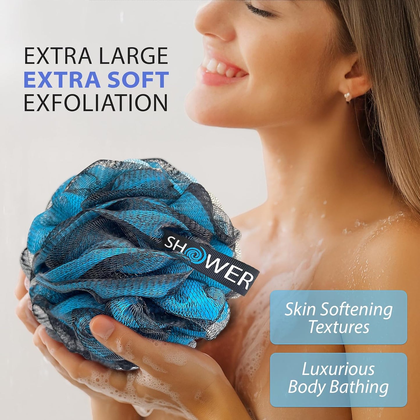 SHOWER BOUQUET Loofah-Charcoal Bath-Sponge XL-Color-4-Pack // Extra Large 75g Soft Mesh Black Luffa Loofa Loufa Puff Set/Exfoliating Body Scrubber for Women and Men - Exfoliate & Soothe Face & Body