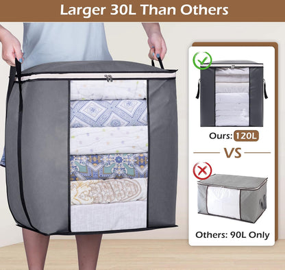 SLEEPING LAMB 120L Extra Large Blanket Storage Bags Breathable Clothes Storage Containers for King Comforter Bedding Pillow Sheet, Reinforced Handles, Grey