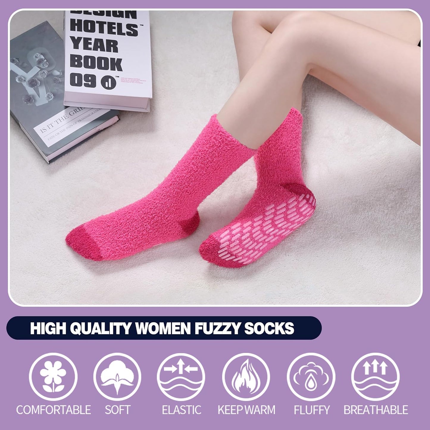 MQELONG Non Slip Hospital Socks with Grips for Women Winter Warm Cozy Fuzzy Slipper Soft Fluffy Sleep Socks