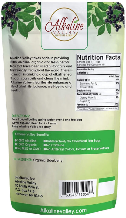 Elderberry Tea Organic - 100% Alkaline - 15 Unbleached/Chemical-Free Elderberry Tea Bags - Caffeine-Free, No GMO