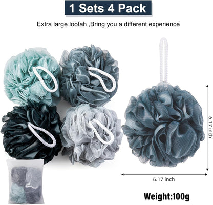 MTDLYICE Loofah Sponge XXL-100g 4 Pack, Bath Sponge Soft Mesh Shower Puff Loofah for Men, Exfoliating Body Scrubber for Women, Shower Accessories (Black)