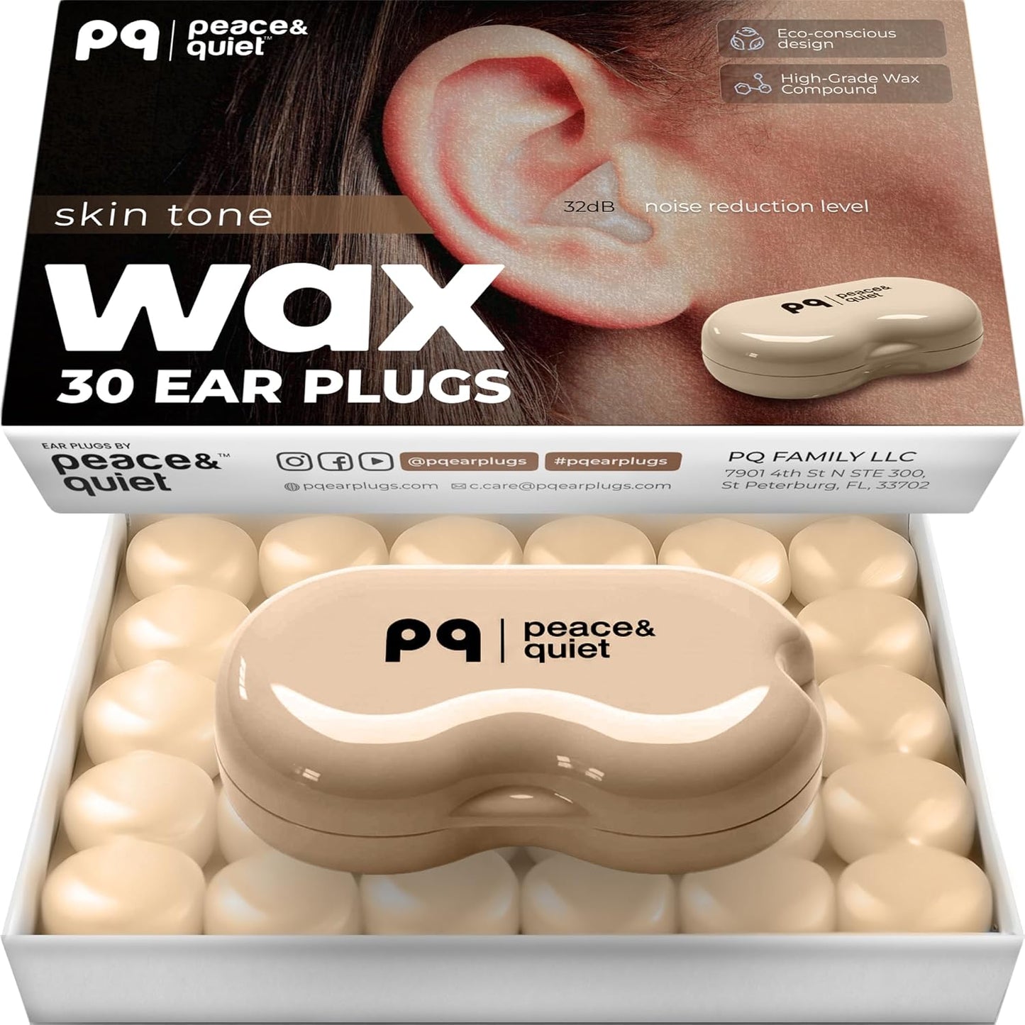 Peace&Quiet PQ Wax Ear Plugs for Sleeping - 30 Silicone Wax Earplugs for Sleeping and Swimming, Gel Ear Plugs for Noise Cancelling, Sound Blocking Level of 32 Db (30 Pillows), Color: White