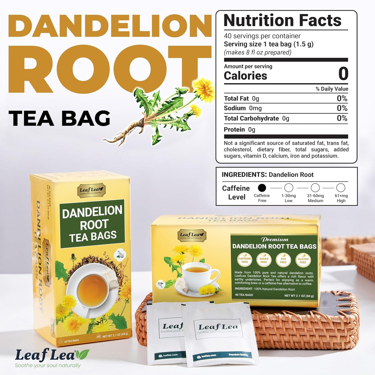 LeafLea Dandelion Root Tea Bags, Natural And Pure, 120 Count