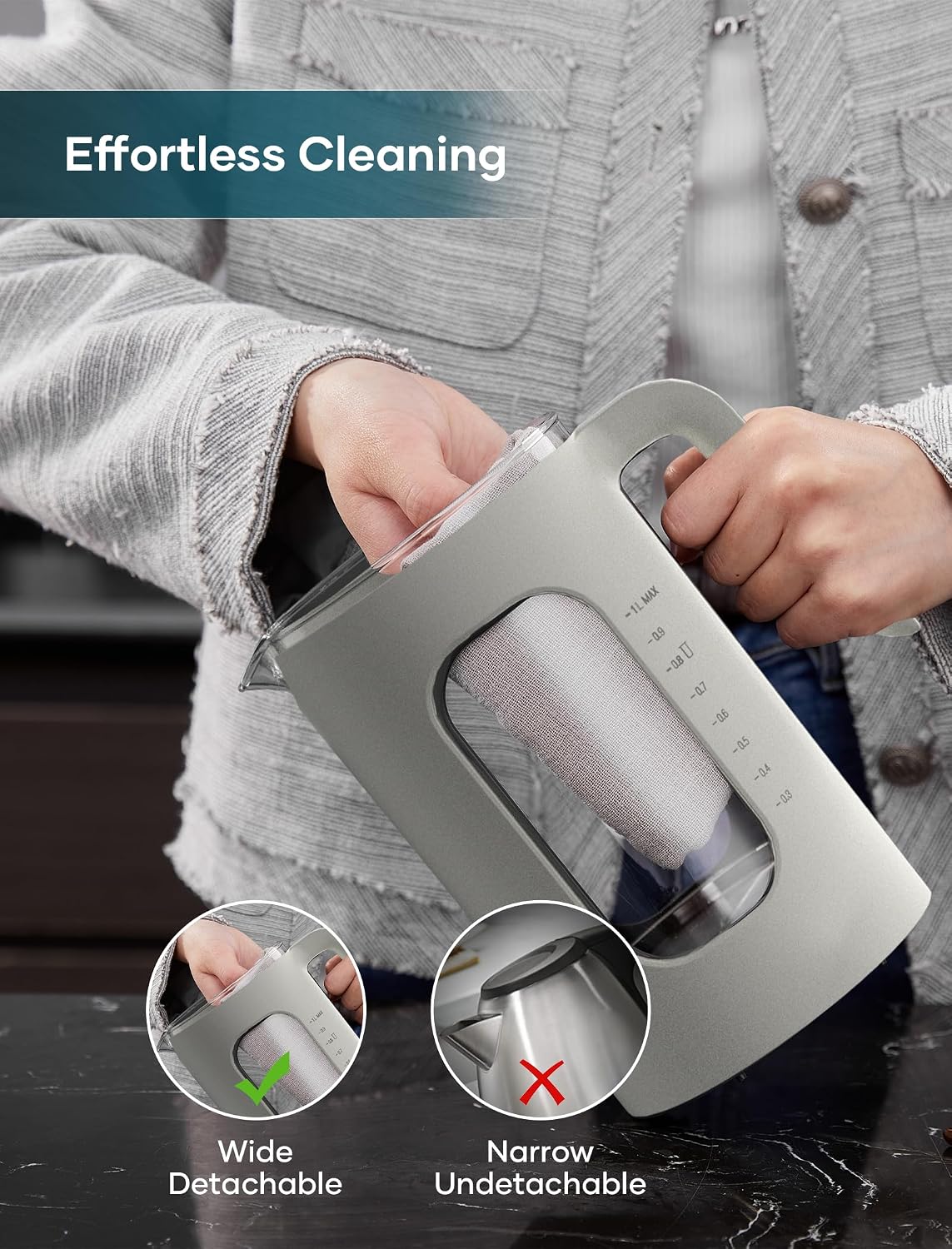 INTASTING Electric Tea Kettle, Electric Kettle with Tea Infuser, ±1℉ Knob Temperature Control, BPA-Free Glass, 1200W Fast Heating, Easy to Clean, 1 Liter (Dark Gray)