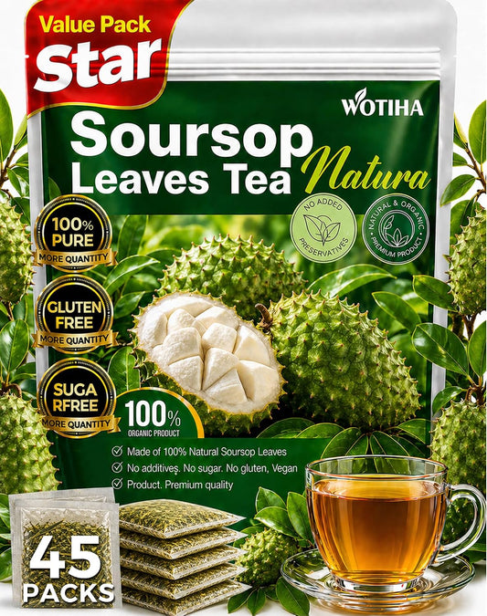 WOTIHA 45 Count Premium Soursop Graviola Tea Bags - 100% Natural soursop leaves, Non-GMO, Caffeine/Sugar/Gluten Free Vegan, Food-Grade Biodegradable Bags, Hojas De Guanabana.