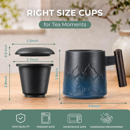 Tea Cup with Infuser and Lid, 14oz Ceramic Loose Leaf Tea Steeper Cup with Wood Handle and Cup Lid, Blue, Black