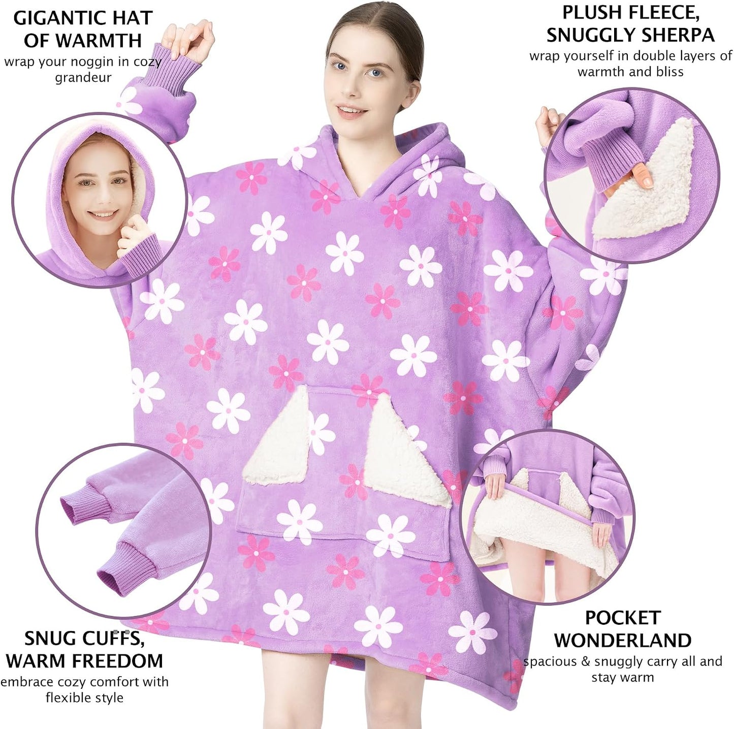 Touchat Wearable Blanket Hoodie, Oversized Sherpa Blanket Sweatshirt with Hood Pocket and Sleeves, Super Soft Warm Plush Hooded Blanket for Adult Women Men, One Size Fits All (Pink)