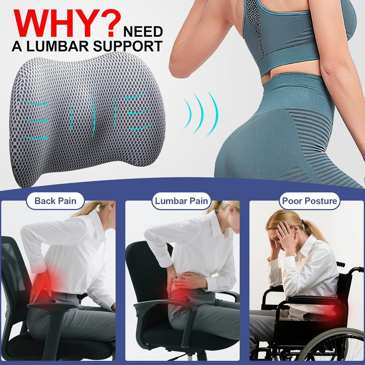BYMECOST Lumbar Support Pillow for Car, Memory Foam Car Seat Back Support Pillow for Driving, Back Cushion with Strap for Pain Relief, Ergonomic Back Cushion for Office Chair, Wheelchair (Black)