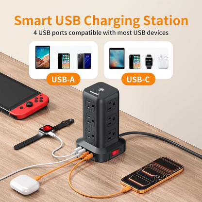 Extension Cord with Multiple Outlets, SMALLRT Power Strip Tower, Outlet Extender with 12 AC Outlets 4 USB, 6.5FT Extension Cord for Home Dorm Room, Office Supplies,Overload Protection