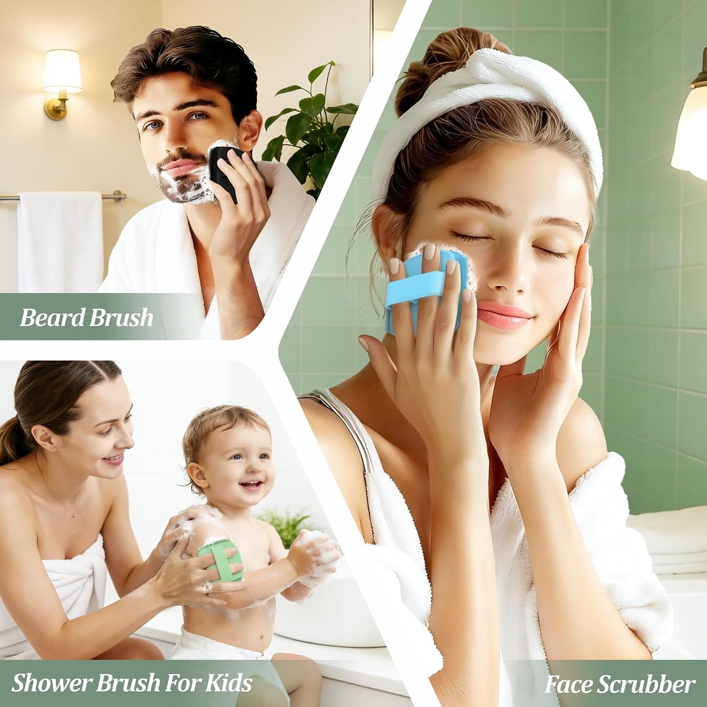 Silicone Back Scrubber & Bath Glove Set 2PCS, 13.4'' Gentle Shower Back Scrubber with Dual-Side Head Non-Slip Handle, 360° Anti-Slip Hand-fit Bath Glove for Rich Foaming Deep Cleaning(Black)