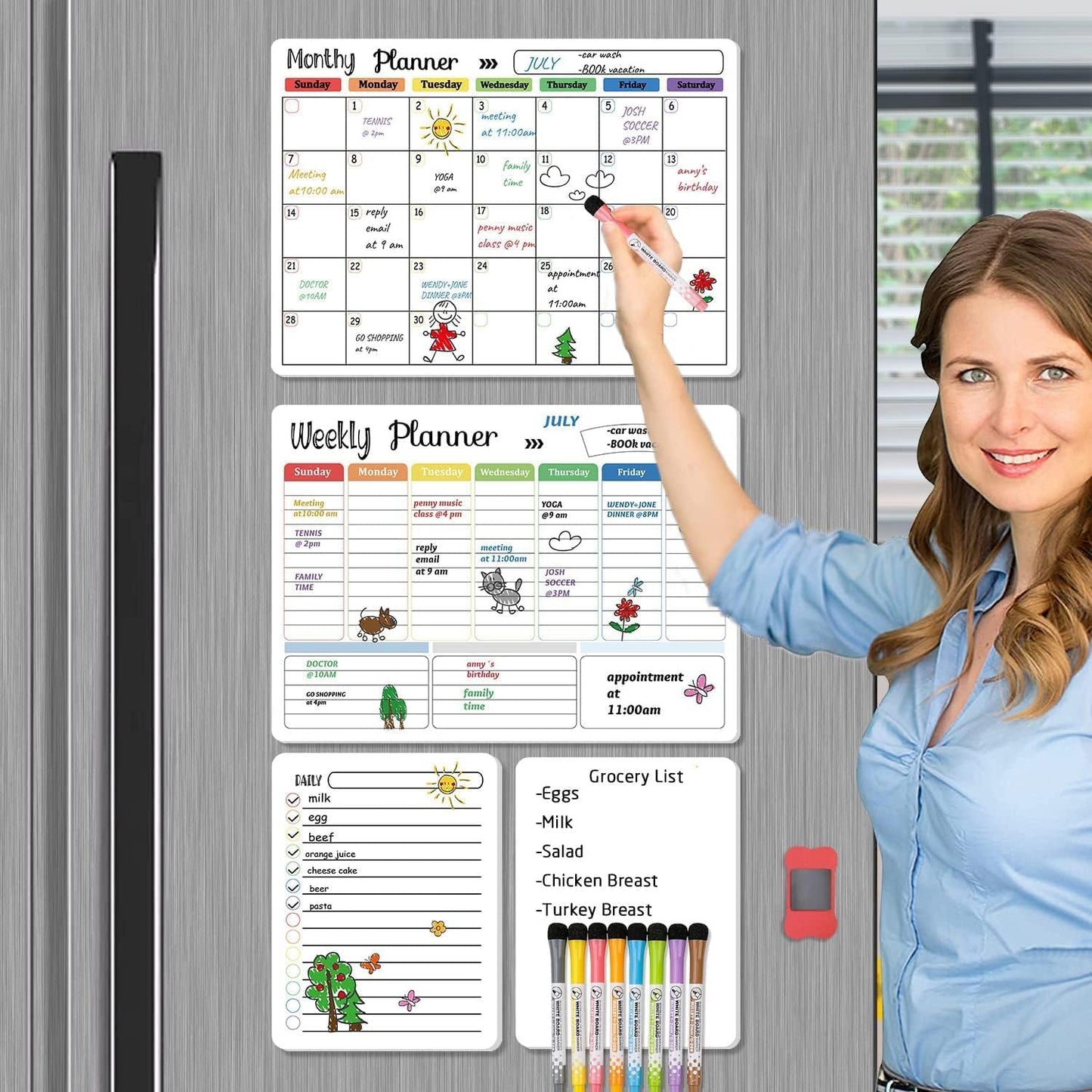 Hivillexun Magnetic Black Dry Erase Calendar White Board Set (3-Pack) - Monthly, Weekly Planners & Daily Notepad for Fridge, Home & Office, Includes 8 Markers