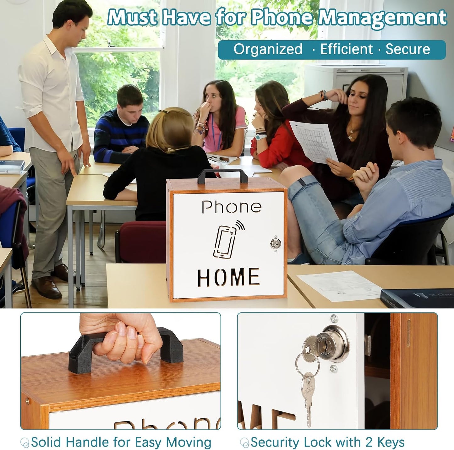 Wooden Phone Lock Box, Cell Phone Locker with 33 Adjustable Dividers | Phone Storage Cabinet with Security Lock & Handle, Desktop Phone Organizer for Classroom, Office & Repair Shops