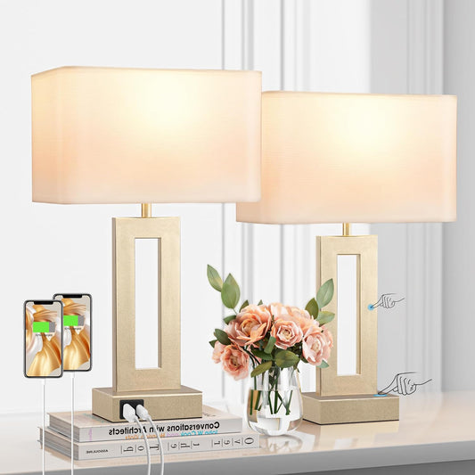 Gold Table Lamps Set of 2, 16.4" Bedside Lamps for Nightstand with USB C+A